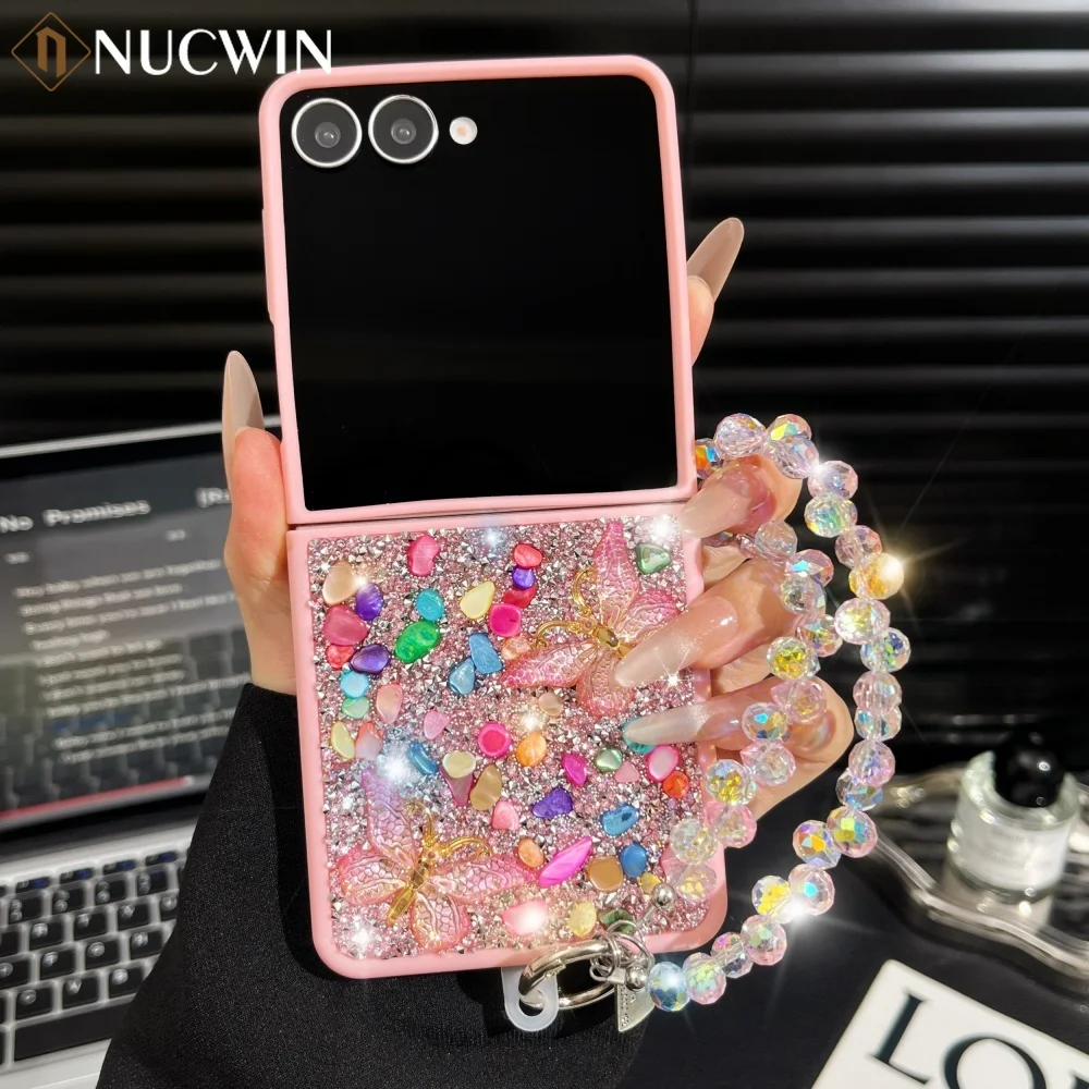 

Роскошный чехол для телефона с бриллиантами для Samsung Galaxy Z Flip 7, 6, 5, 4, 3, флип 7, блестящий цветной бабочка, ремешок на запястье, противоударный чехол