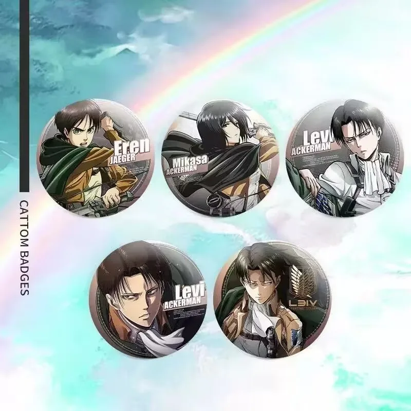 「進撃の巨人」アニメ「リヴァイ・エレン・ミカサ」周辺バッジ付きブリキレーザーブローチ