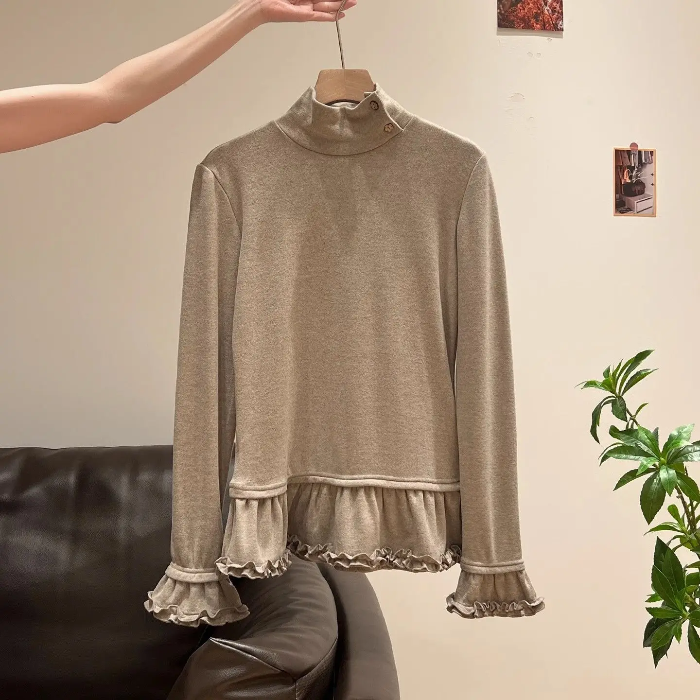Fungus Edge Semi-turtleneck Long-sleeved T-shirt for Women's 2026 Autumn and Winter Slim-fit Inside Stacked