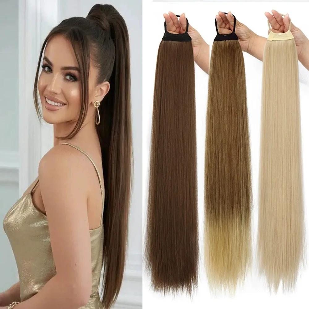 

28Inch Synthetic Long Straight Ponytail Hair Extension Elastic Band Hair Heat Resistant Black Brown Ponytail for Women Christmas