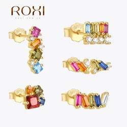 ROXI 925 Sterling Silver Geometric Colorful Crystal Tassel piercing Earrings For Women Delicate Cz Wedding Party Fine Jewelry