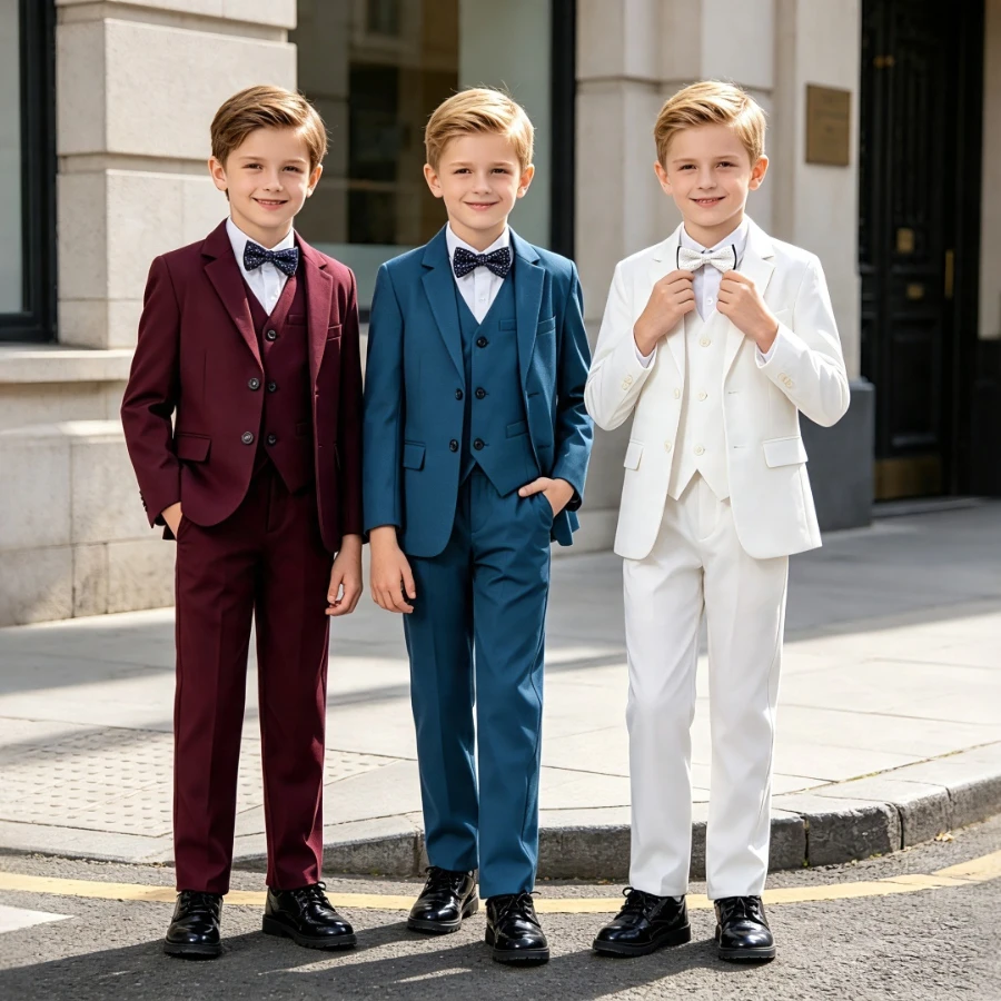 Teen Boys 3-Piece Suit Set Blazer Vest Pants with Bow Tie Kids Tuxedo Formal Wedding Christmas Party Performance Outfit 4-14Y