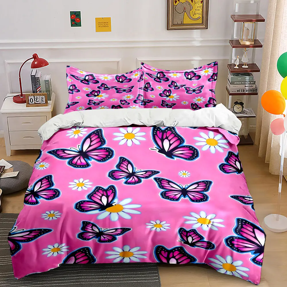 Pink background with butterflies and daisies Printed Duvet Cover Set 1 Duvet Cover+2 Pillowcase Multi Size Bedroom Bedding Decor