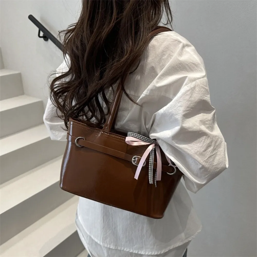 

Fashion PU Leather Bow Ribbon Shoulder Bag Y2K Commuting French Stick Underarm Bag Korean Style Zipper Women Handbag Ladies