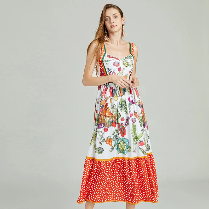 Banulin Runway Designer Summer Dress Women's V-Neck Spaghetti Strap Vintage Fruit and Vegetable Print Party Midi Dress