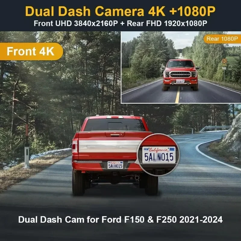 Home.Front 4K + Rear 1080P Dash Cam يناسب Ford F150 F250 2021-2024 Limited XLT XL Raptor Lariat Platinum King Ranch Tremor.NE