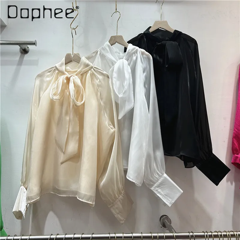 French Women's Blouse Organza Lantern Sleeve Bow Lace Up Loose Shirts Spring and Summer Solid Color Office Lady Commute