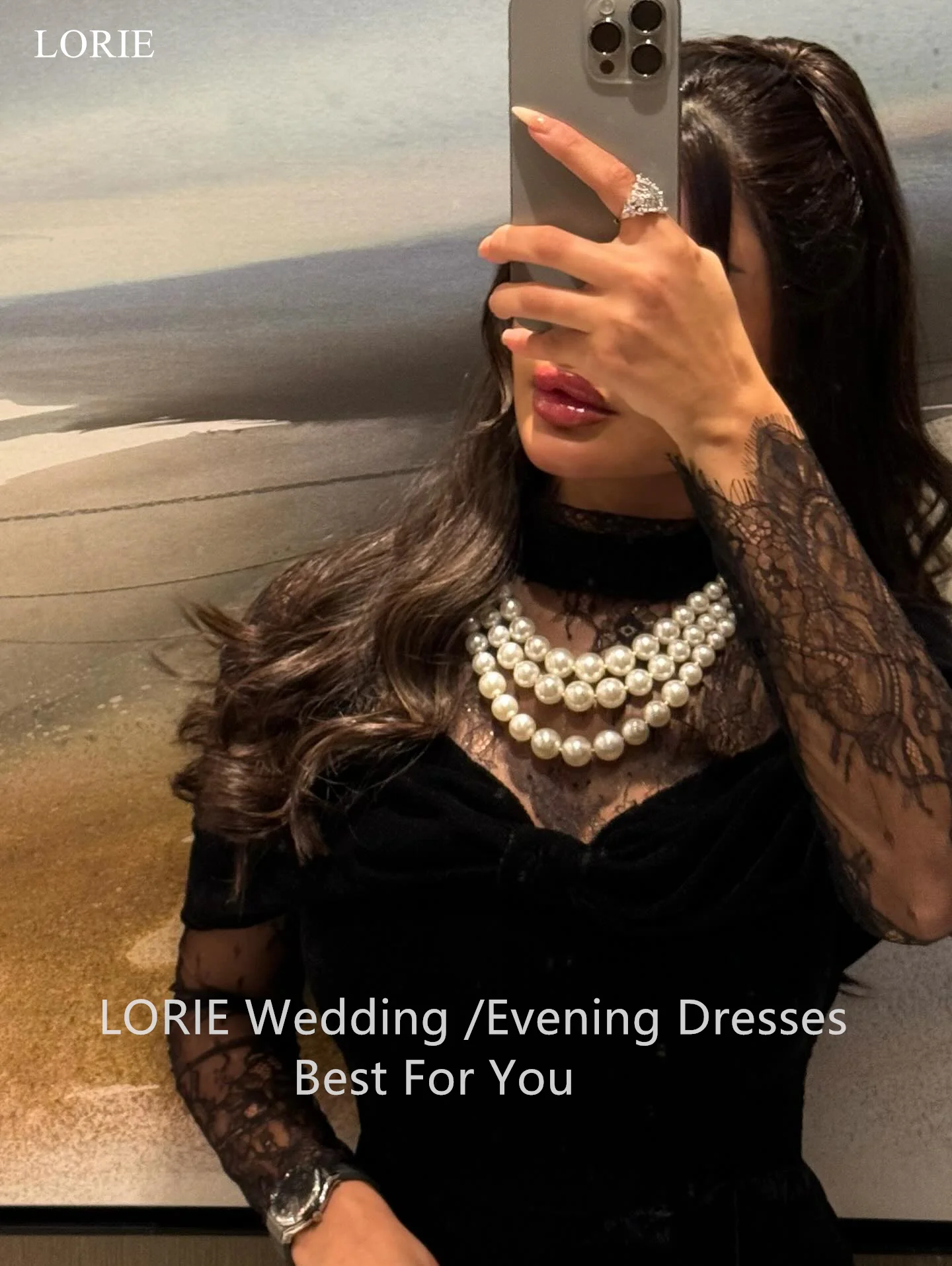 LORIE فساتين حفلات سوداء أنيقة مخملية مكشوفة الكتف من الدانتيل وأكمام طويلة فستان حفلة موسيقية مسائية على شكل حرف A فستان حفلات مخصص