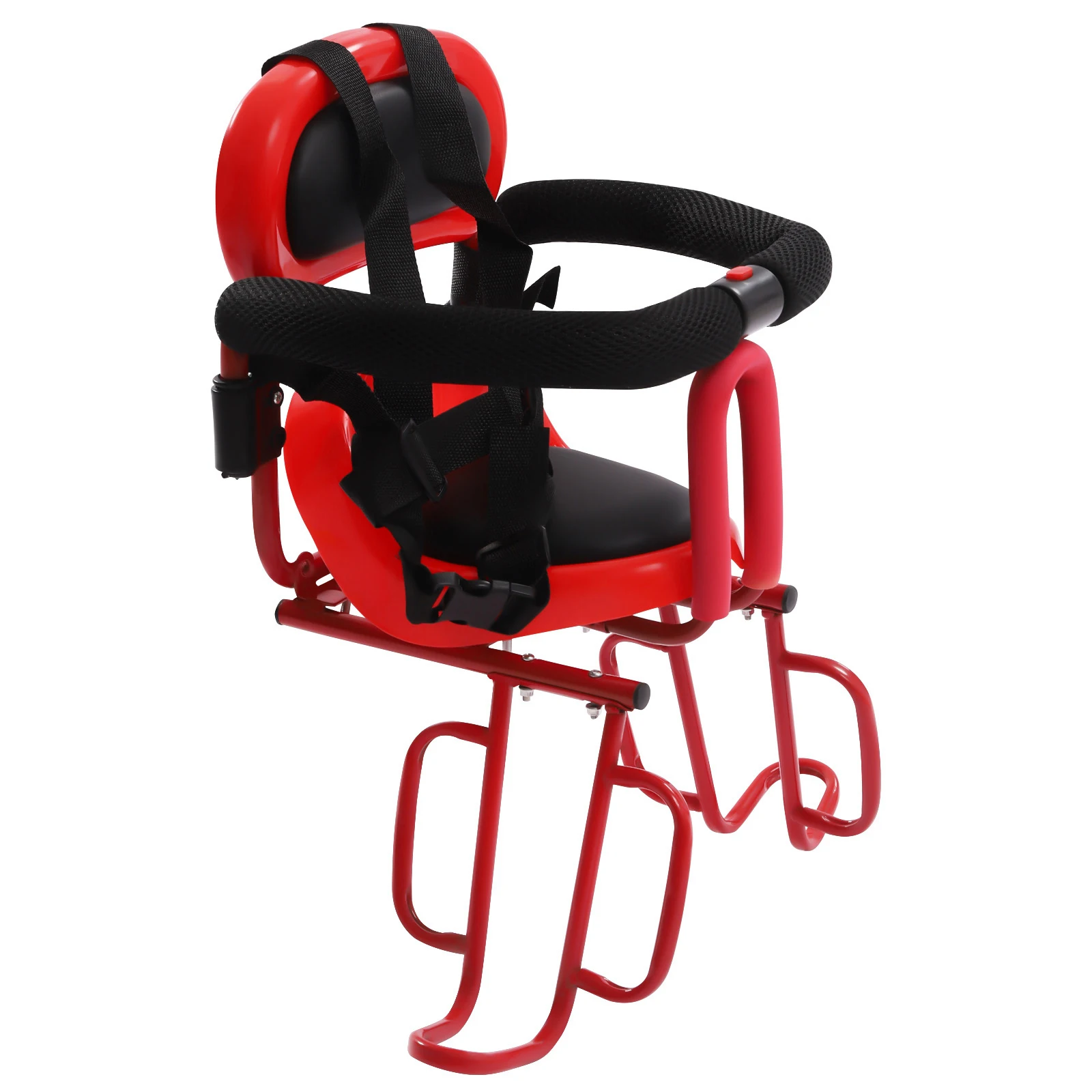 مقعد خلفي لدراجة الأطفال مع حزام أمان ودرابزين على شكل حرف U ودعامات مسند للقدمين، تصميم قابل للإزالة للدراجات والدراجات الكهربائية باللون الأحمر