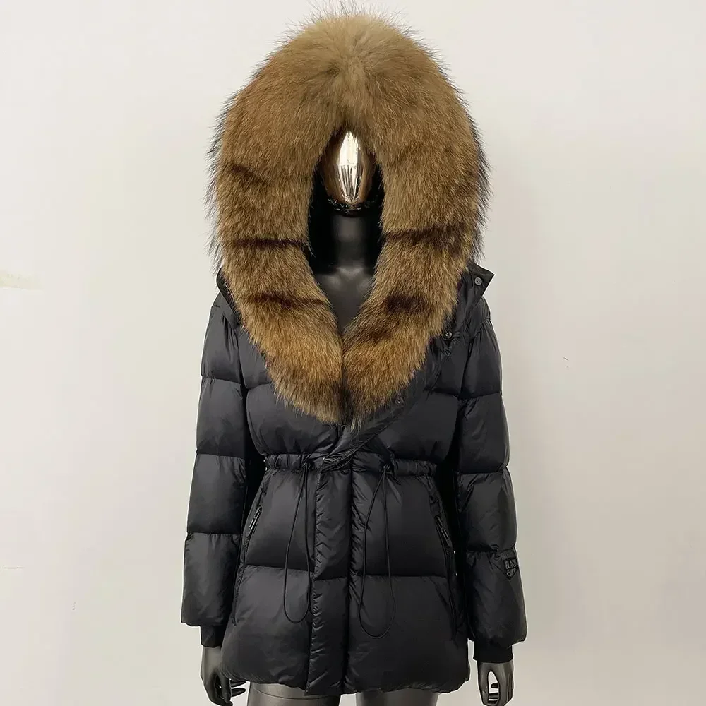 White Goose Down Jacket Women New Natural Thick Warm Real Big Fox Fur Collar Belt Loose Puffer Parka Winter Real Fur Coat
