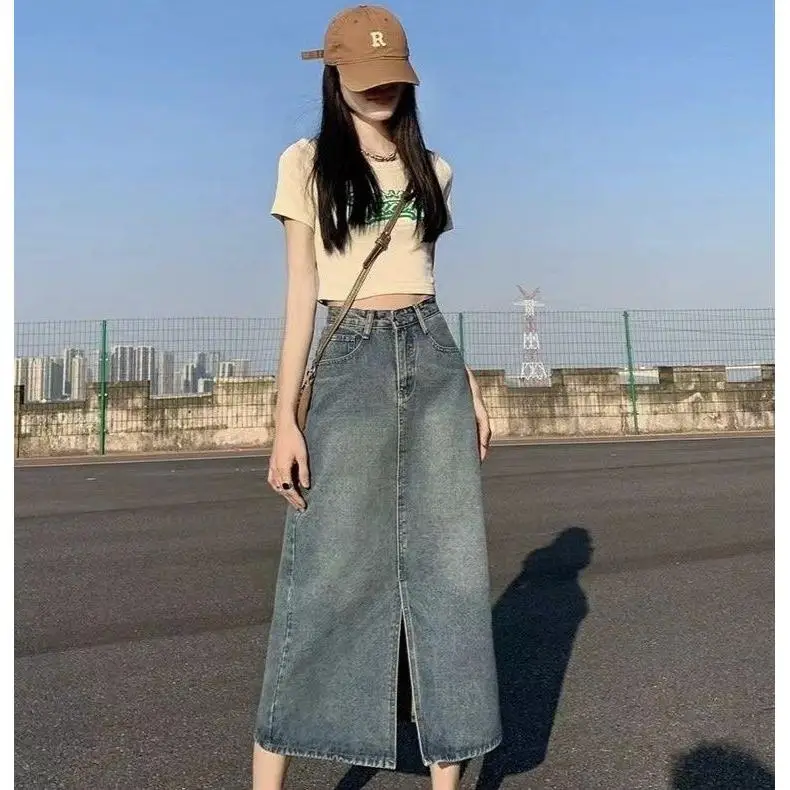 

High Waist Midi Denim Skirt Slit Trendy Versatile New Sle Loose Fit Casual Cotton f Skirt for Ladies with ket