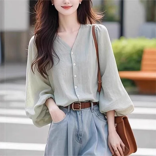 سترة بأكمام منتفخة ورقبة على شكل حرف V: بلوزة نسائية قابلة للتنفس من مزيج القطن والكتان للخريف والعمل - أناقة بسيطة #3