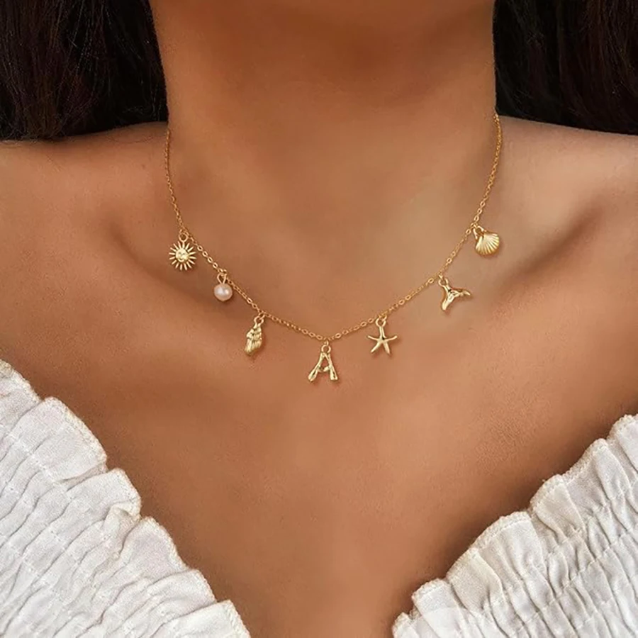 MHS.SUN Stainless Steel Starfish Sea Shell Necklaces Women Waterproof 26 Initial Multi-Pendant Necklace Summer Beach Jewelry