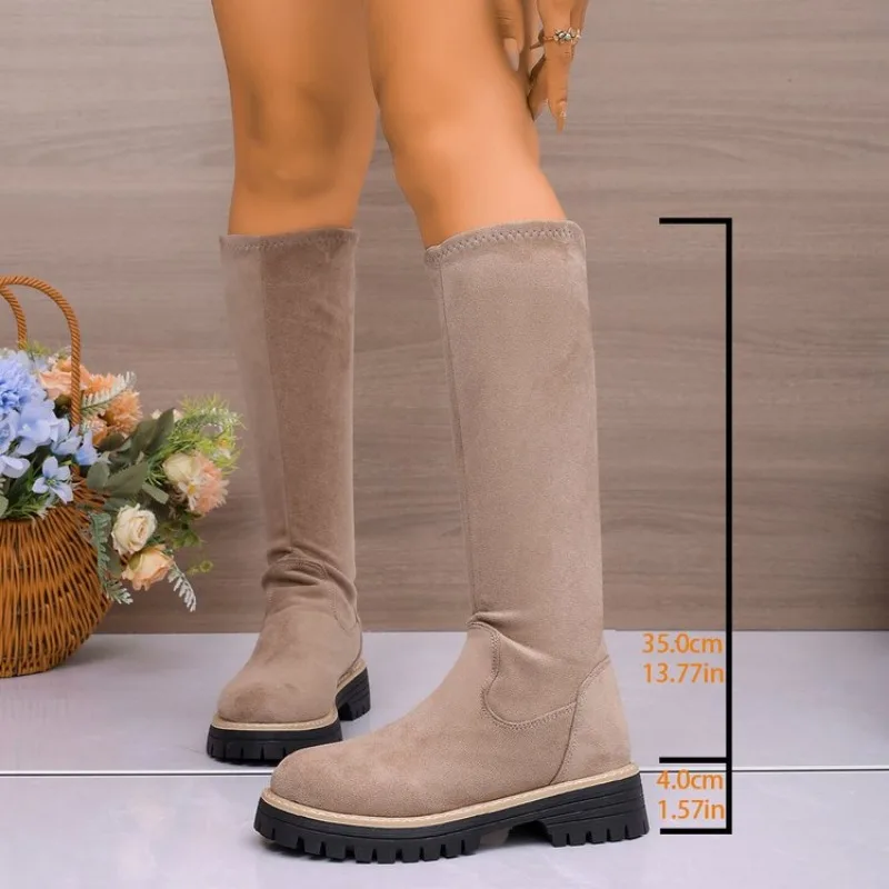 

Winter New Round Toe Sexy and Comfortable Thick Heel Boots, Fashionable and Elegant Outdoor Knee High Knight Boots in Large Size