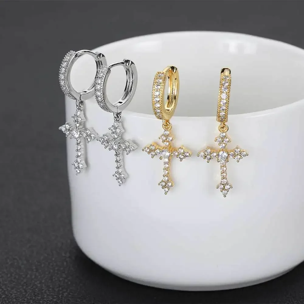 Goth Style Zircon Crystal Cross Drop Dangle Earring for Women Men Luxury Gold Silver Color Hoop Earrings Fashion Punk Jewelry