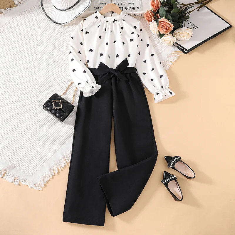 Spring and Autumn Set Girl Fashion Casual Love Print  Long Sleeved Shirt Tops + Pants Comfortable Daily 2 Piece Set