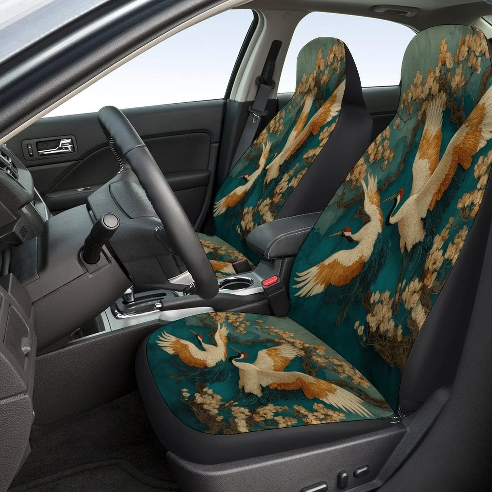 Elegant Flying Cranes & Blossoms Car Seat Cover Set - High-Quality, Machine Washable, Universal Fit For 2 Front & Rear Seats, Al