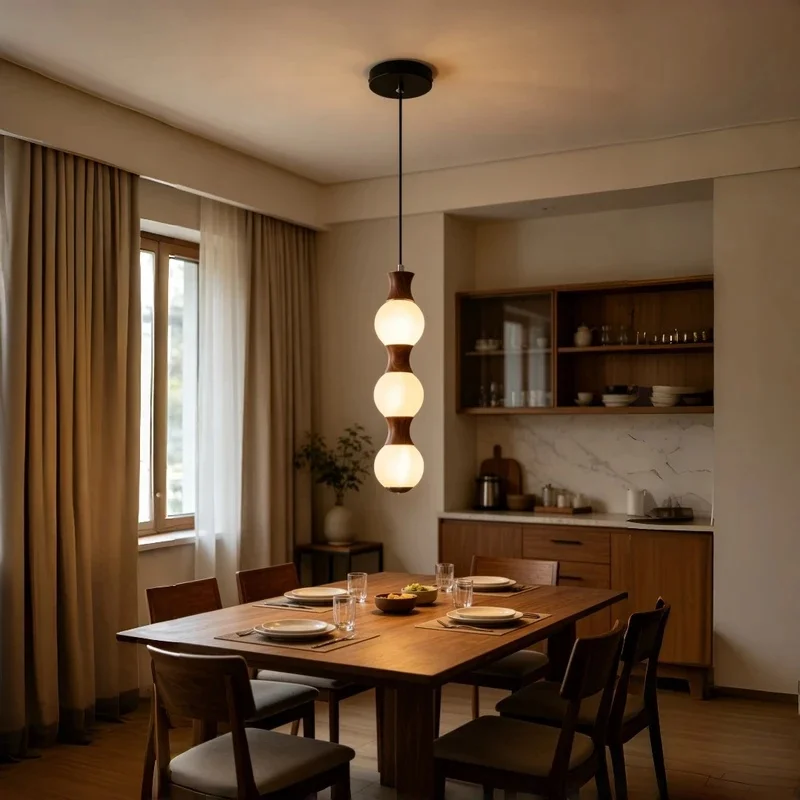 Modern Wood Glass Pendant Light 3 Globe Glass Shade Adjustable Hanging Lamp For Kitchen Island Dining