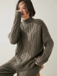 Heavyweight Women 100% Cashmere Sweater Cable Knitting Vintage Loose Style Pullover Cashmere Knitted Jersey Autumn Winter Tops