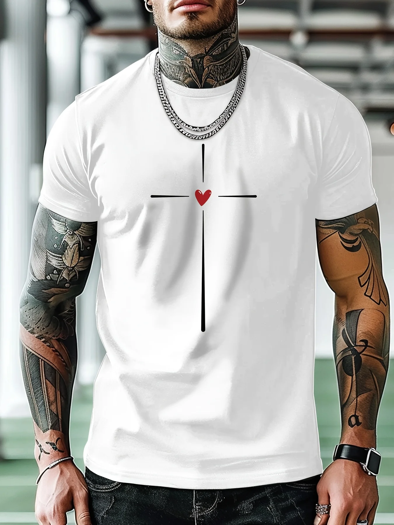 Cross Heart Line Print T-Shirt Summer Men Tracksuit Short Sleeve Pullover Top Breathable Sportswear Harajuku Fashion Streetwear