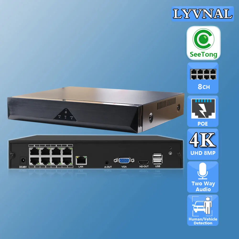 

H.265 8CH POE NVR 4K 8MP 5MP 4MP 1080P AI Smart Recording Security Surveillance Network Video Recorder Up to 14TB HDD