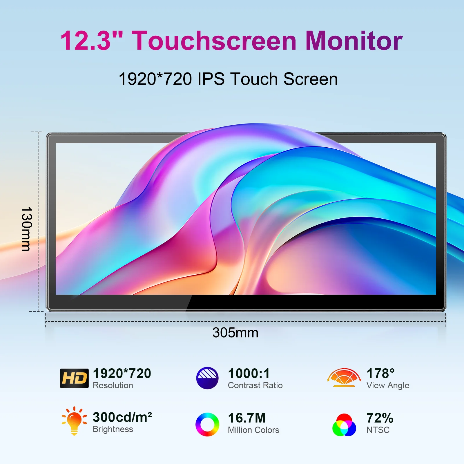 MISSUN 12.3 inch Touch Screen Monitor Gaming for 1920x720 8:3 60Hz,HDMI USB-C Type-C VESA 75*75mm For Laptop PC Computer Display