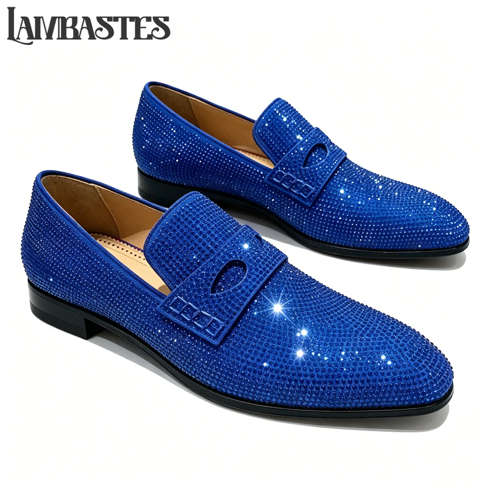 Full Crystal Embellished Mens Loafers Decorative Strap Sparkling Rhinestone Covered Formal Dress Shoes Rhinestone Slip on Shoes