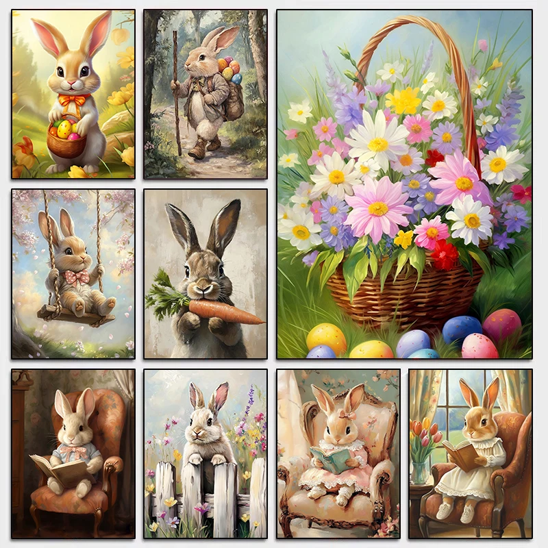 Boho Cute Rabbit Bunny Vintage Poster Rustic Easter Egg Hare Canvas Painting Animal Wall Art Picture Easter Farmhouse home Decor