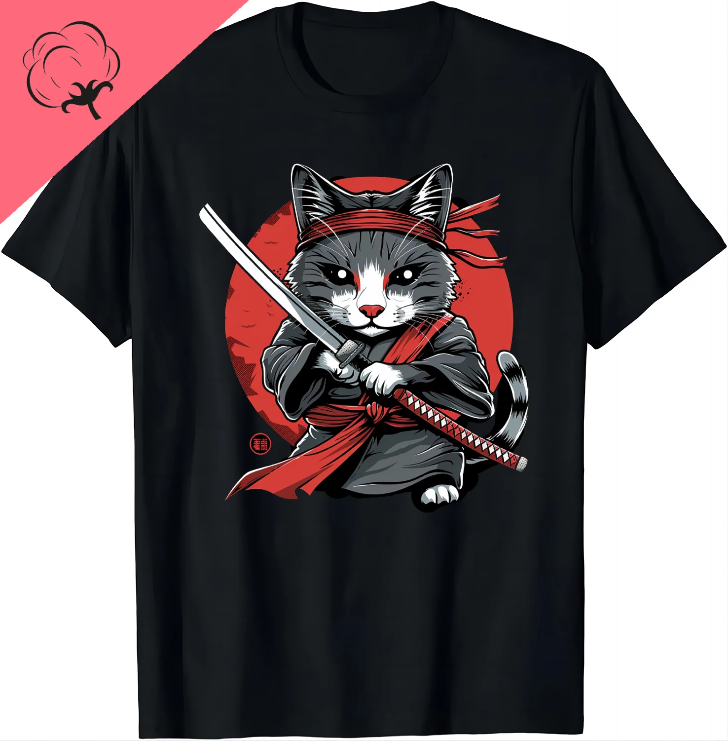 Japanese Samurai Cat Tattoo, Kawaii Ninja Cat T-Shirt Street Cool Casual Clothes Men Clothing Tops Camisetas