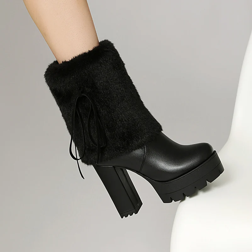 

Большие размеры, фланцевые меховые сапоги из искусственной кожи с кружевной боковой молнией и средней трубкой, зимние зимние сапоги на платформе с ультра-высоким полым толстым каблуком