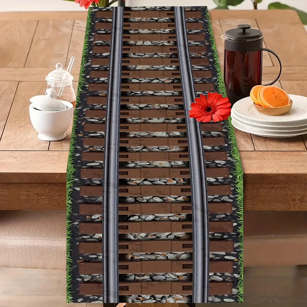 Realistic Train Track Table Runner | Stones & Grass Design | Dining, Kitchen, Living Room, Bedroom & Makeup Vanity