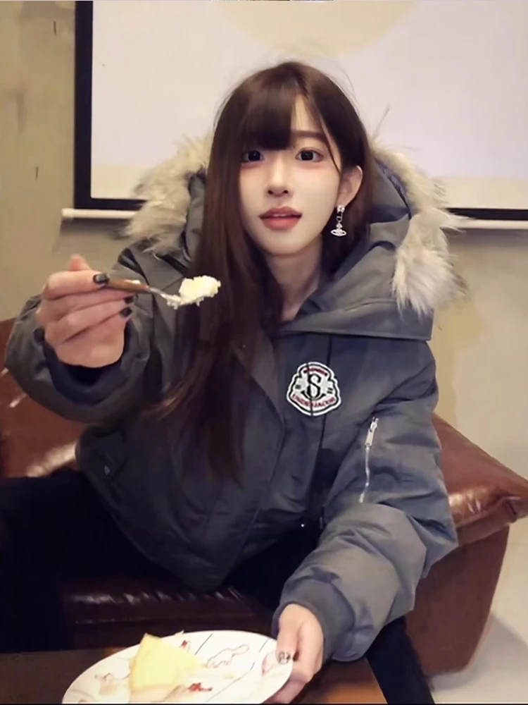 

Thiened American Sle Parka down Cotton Jaet for Men And Women Winter Coat with Fur Collar Youth Faion Anti-Cold