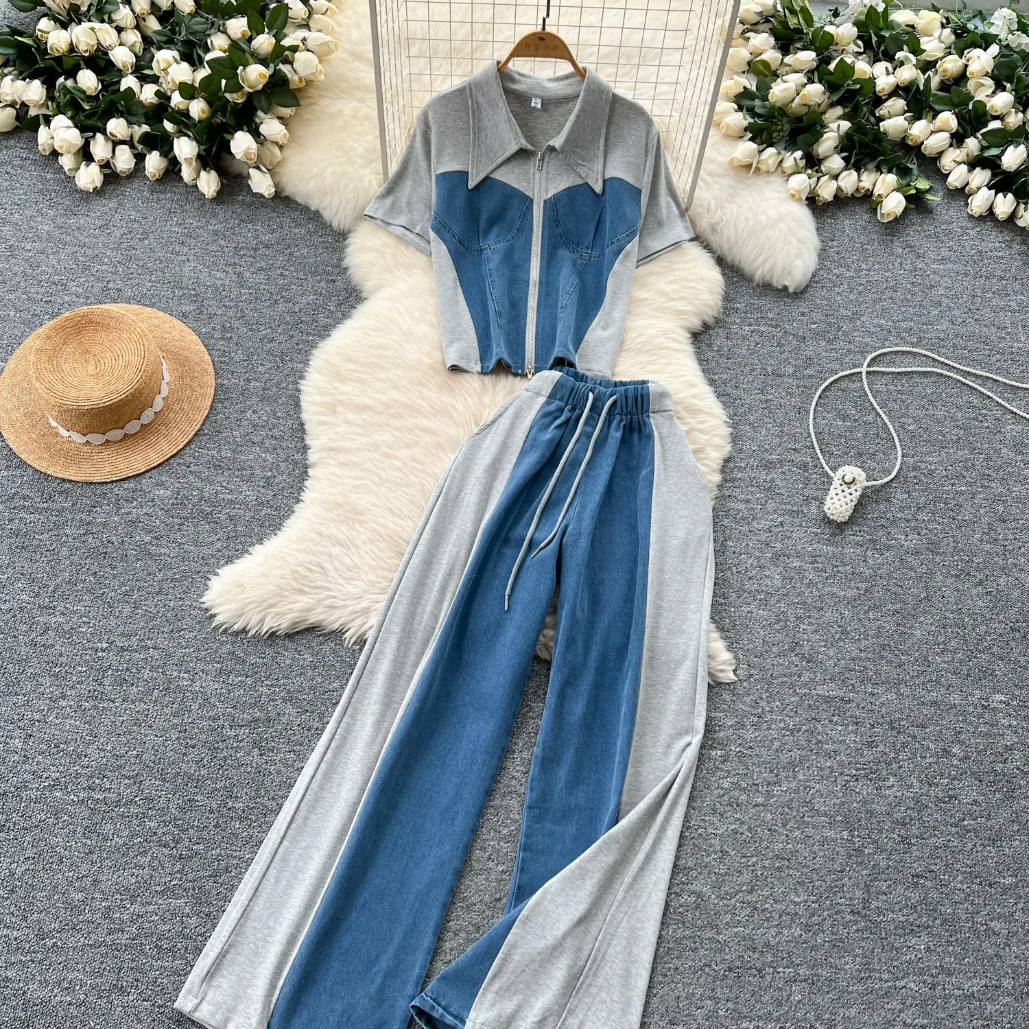 여성 여름 캐주얼 레트로 라펠 페이크 투피스 반팔 상의 & 하이웨이스트 스플라이스 데님 와이드 팬츠 슈트