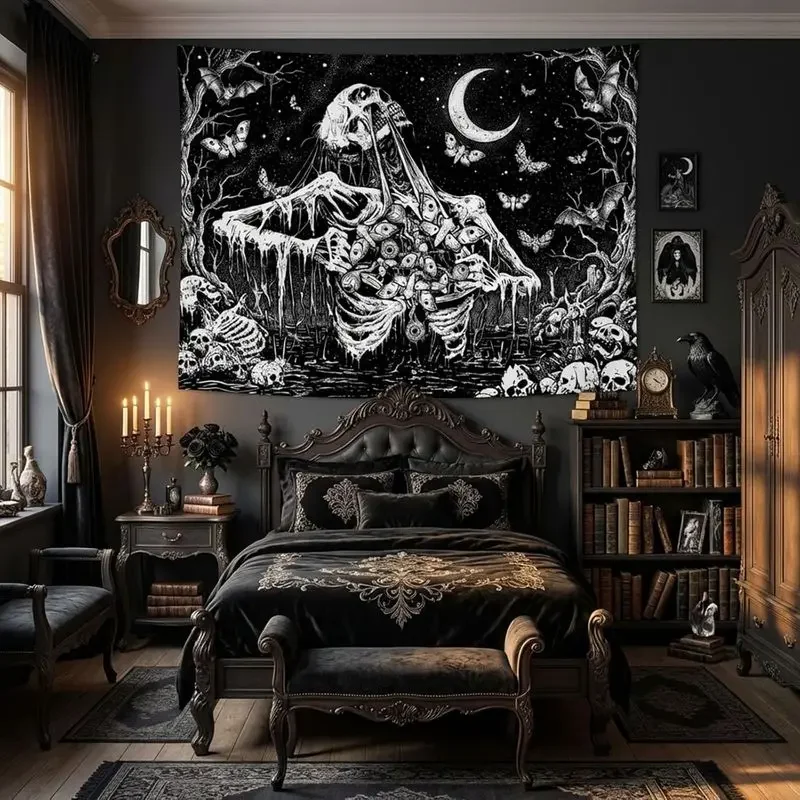 VIKAMA Gothic Skull Tapestry Black and White Crescent Moon Moth Bat Starry Night Wall Hanging Dark Art Bedroom Decor