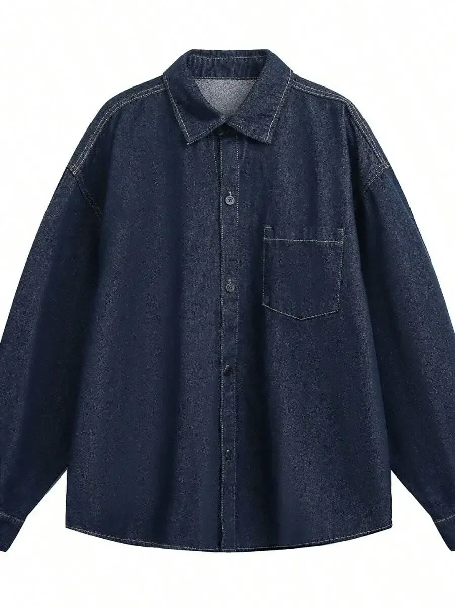 

Mens Loose Fit Washed Denim Shirt With Collar Long Sleeve Casual Top