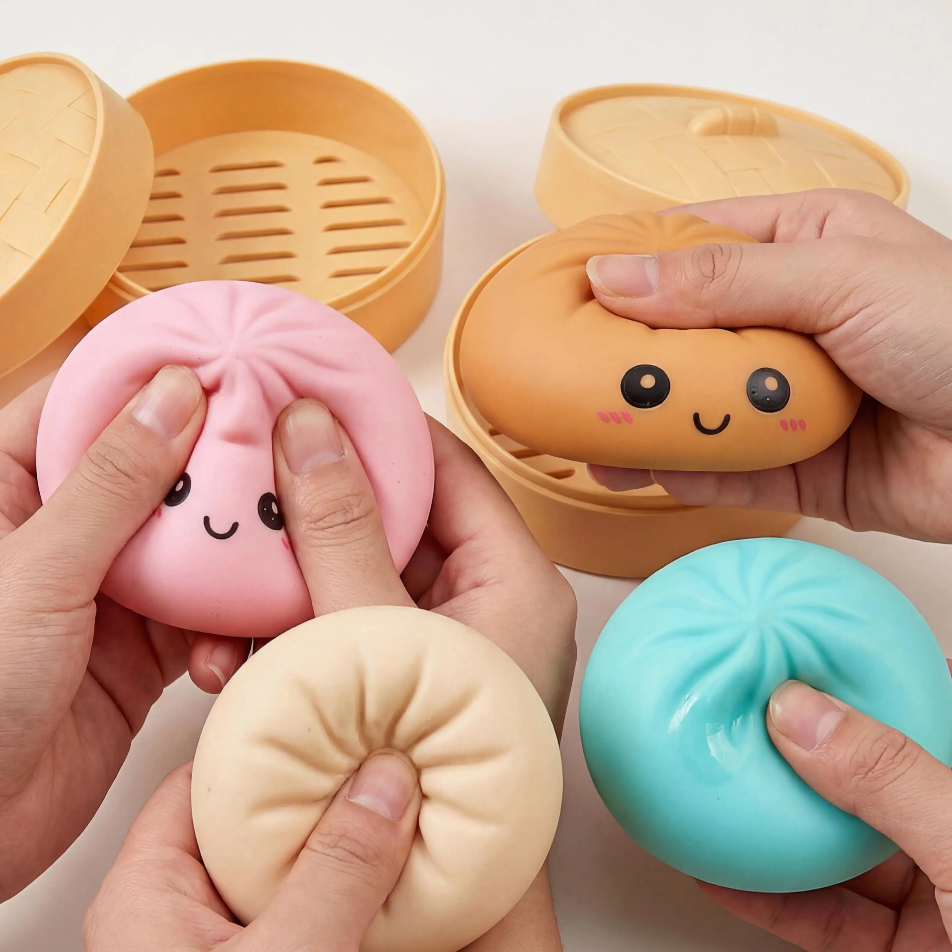 Kawaii Dumpling Stress Ball Toy With Steamer Smile Face Colorful Squeezable Dough Balls Girl Boy Adult Simulation Squeeze Toys
