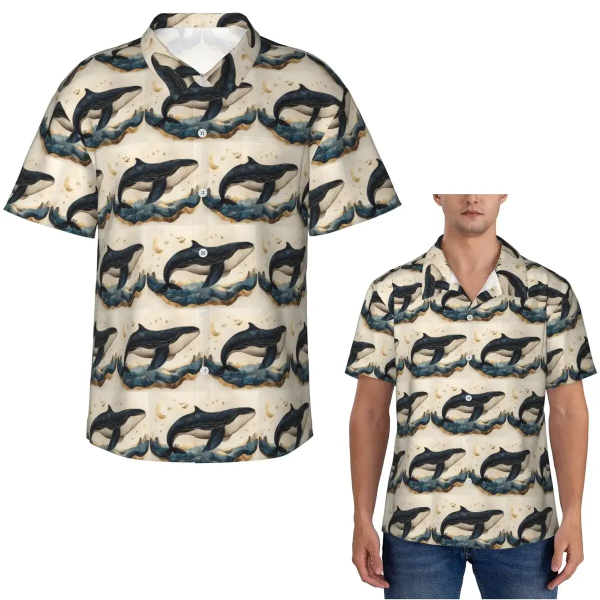 Golden Blue Aesthetic Whale Hawaiian Shirts Funny Men Short Sleeve Shirt for Summer Beach Men's Lapel Tops