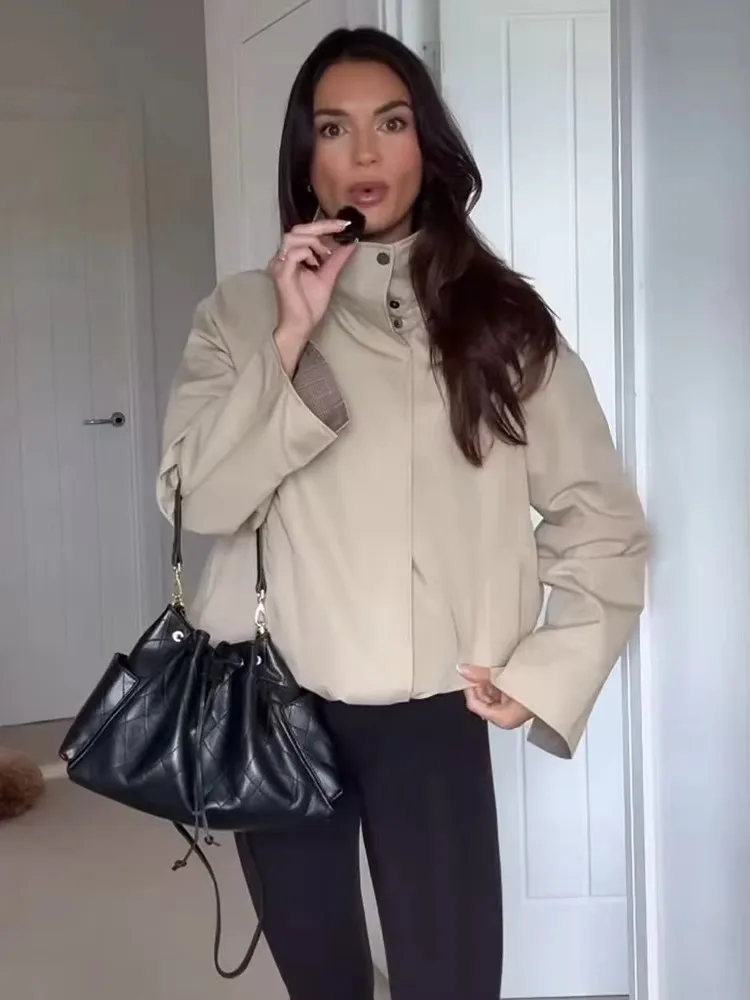 Oversized Stand Collar Short Autumn Jacket Women Two Sides Zip Up Loose Plaid Solid Casual Streetwear Outerwear Jacket Female