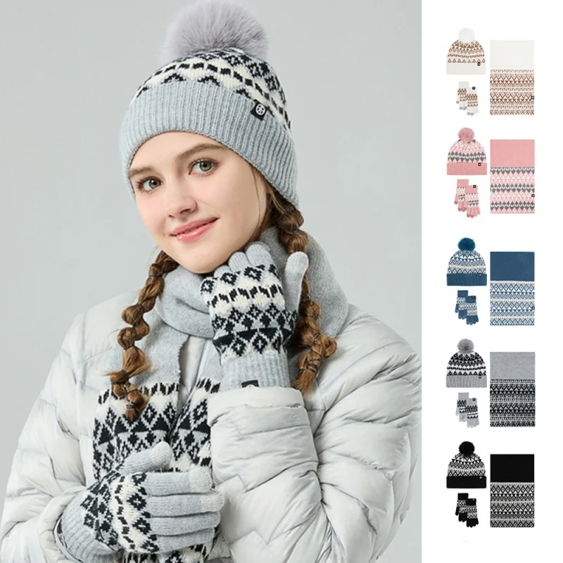

Winter Hat, scarf, gloves, warm three piece set, women's jacquard pattern thick knitted hat set suit