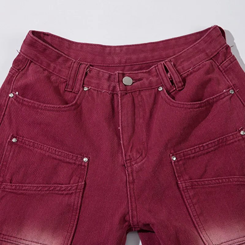 UPRAKF Red Jeans Streetwear Casual High Waist Fashion Trousers Vintage Summer Multi Pocket Retro Hip Hop