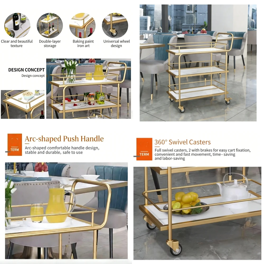 Black Heavy-Duty 4-Wheel Ironwork Trolley Salon Water Cart 3-Layer Bar Serving Cart Hand Truck Manual Pallet Truck 500KG Load