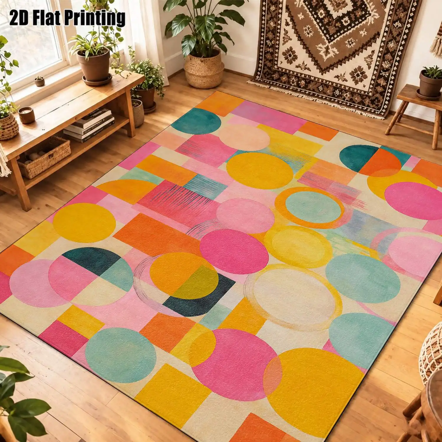 1Pc 2D Printed Colorful Geometric Round Pattern Nordic/Instagram/Minimalist Modern Carpet, Home Decor, Multi-Size, Machine Washable, for Entrance, Dining Room, Foyer, Bedroom, Living Room
