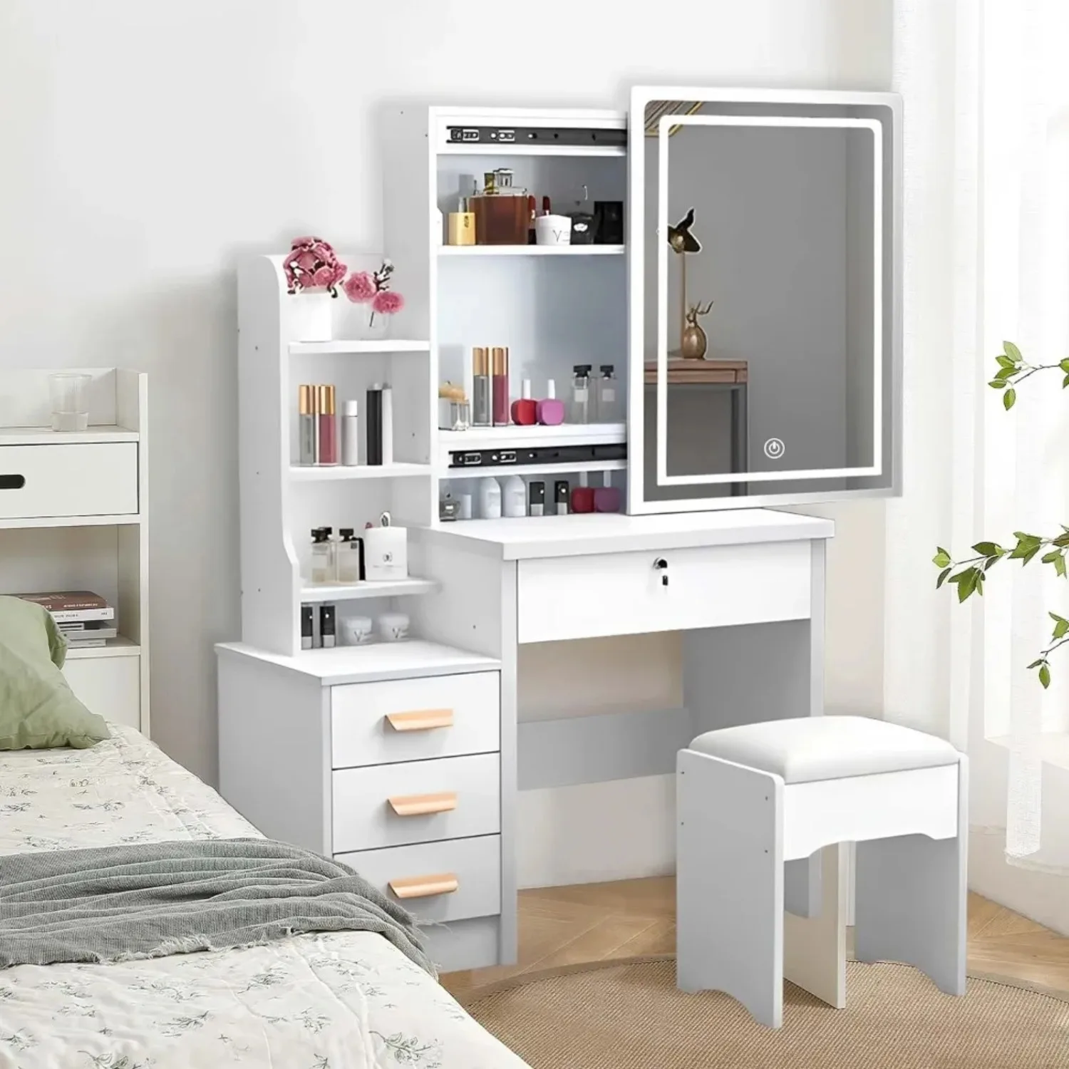 Small Vanity with 4 Drawers&Storage Shelves,Vanity Desk with LED Lights,Extra Large Sliding Mirror,3 Lighting Modes