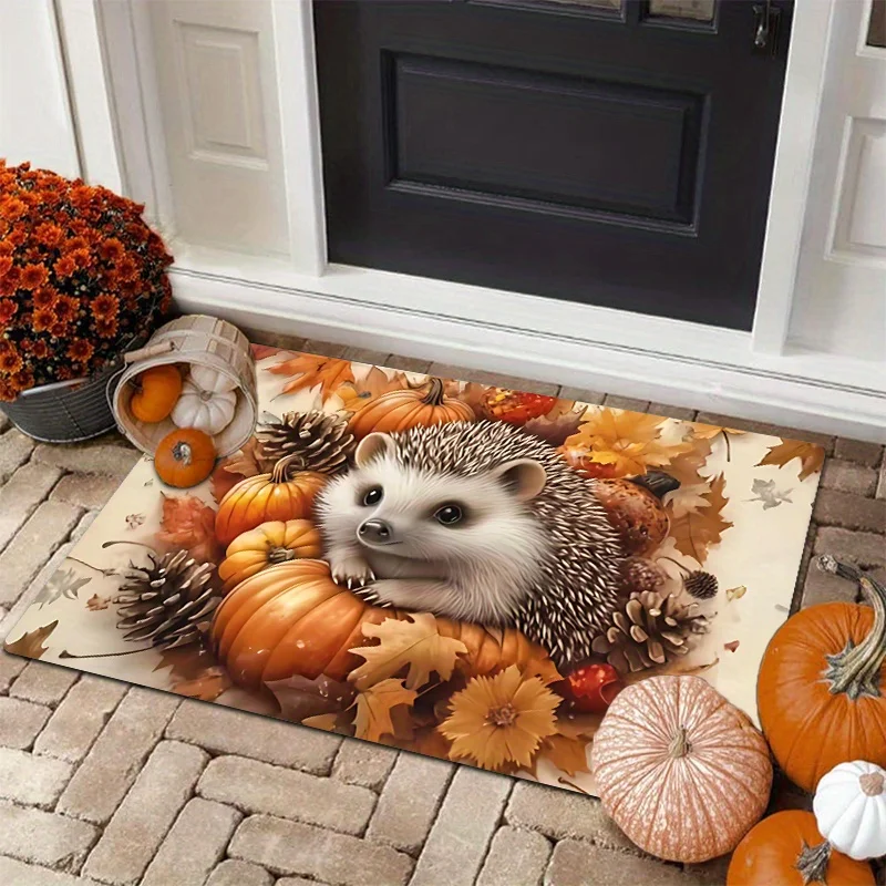 A Golden Autumn Hedgehog-Themed Doormat for Halloween, Made of Flannel And Thick Plush Material with a Sponge Thickness of 0.4 Inches And a Weight of 1.28 LB