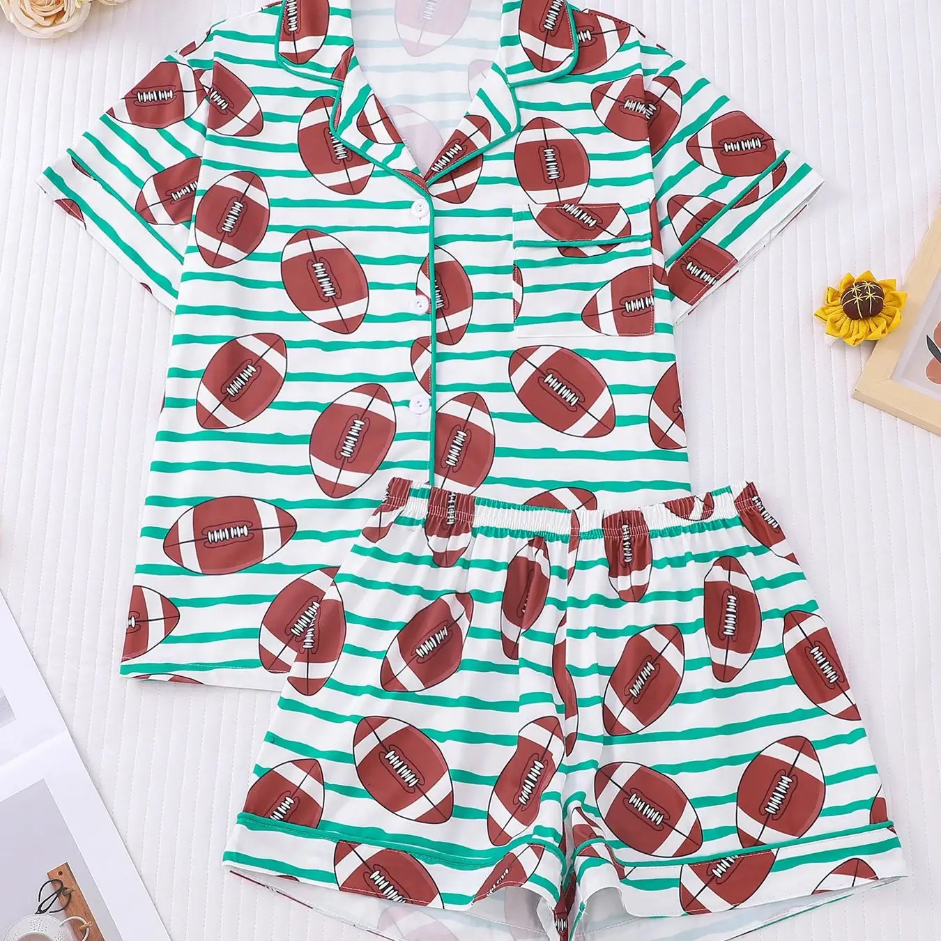 

Vitality casual style rugby print pajamas summer loose short sleeved+elastic waist shorts skin friendly breathable two-piece set