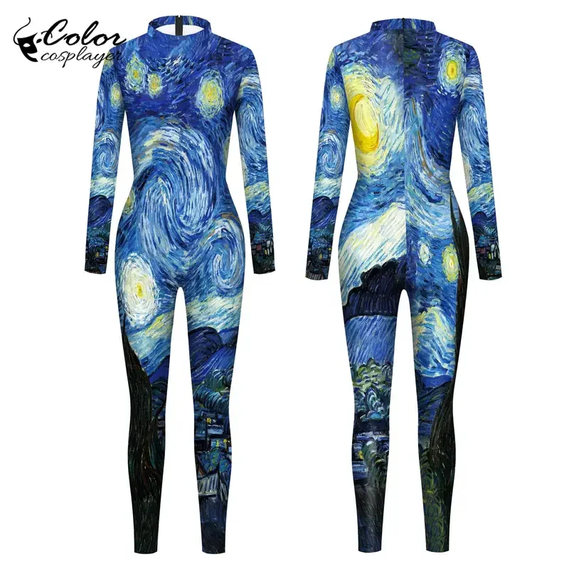 Color Cosplayer Women Jumpsuit Van Gogh Starry Sky World Painting Printed Cosplay Costume Catsuit Women Zipper Zentai Bodysuit