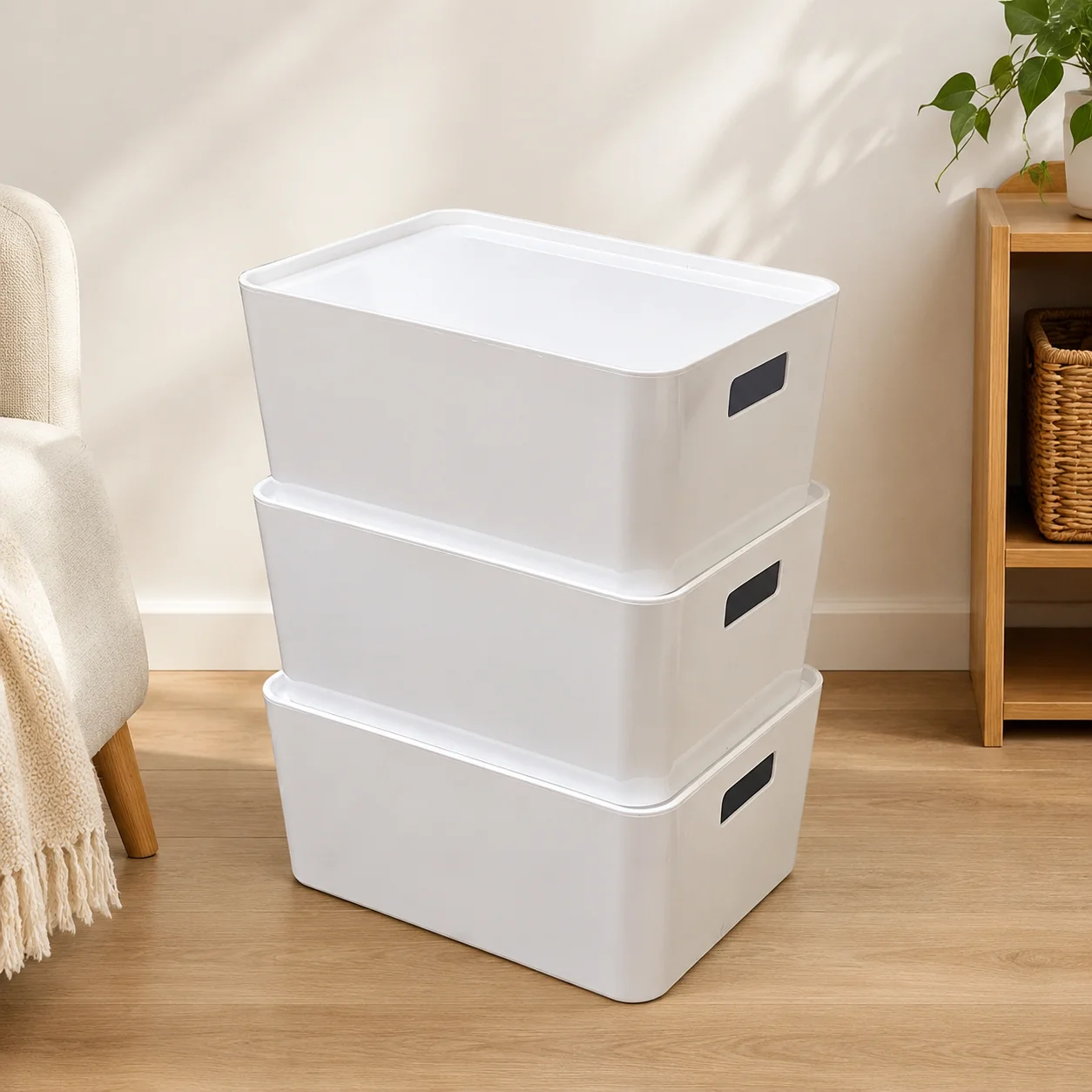 Stackable White Plastic Storage Bins with Removable Lids and Built-In Cutout Side Handles, Smooth Rounded Corner Dustproof Organizer Boxes for Bedroom Closets, Kitchen Cabinets and Bathroom Vanities - view 5