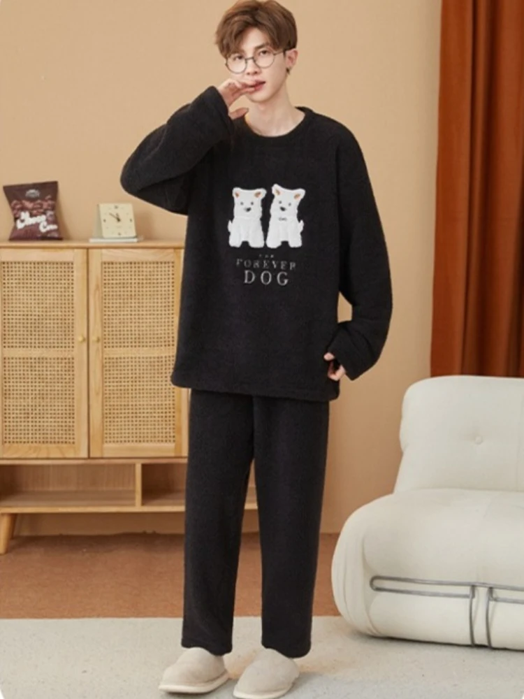 الشتاء نصف بيجامة من الصوف الرجال الكورية الشباب الكرتون ملابس خاصة الدافئة سميكة المتسكعون كلاب أليف طباعة أفخم Homesuit وتتسابق #5