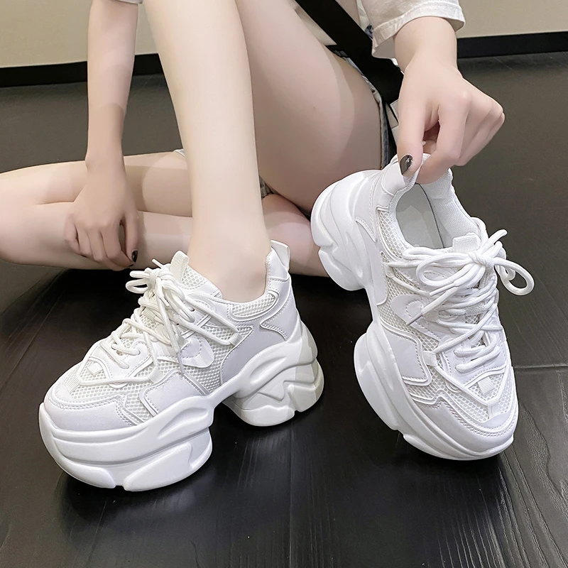 New Women's Sneakers 8CM Internal Increase Leather Casual White Ladies Shoes Trainer Platform Sneaker Womens Zapatillas Mujer