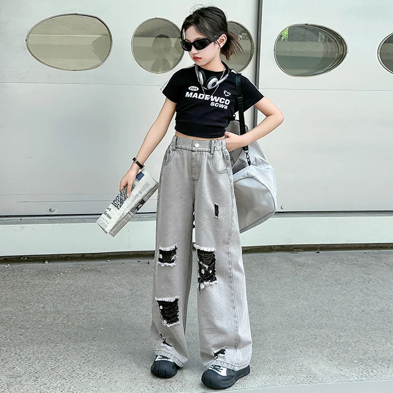 Fashion Girl Jeans Grey Ripped Hole Wide-leg Pants Summer Thin Denim Cargo Trousers Street Teen Kids Versatile Long Trousers Set